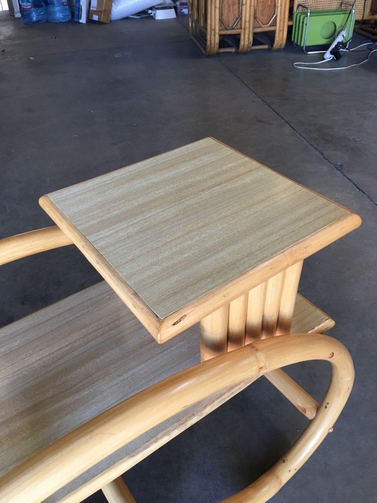 Restored 3/4 Round Pretzel Rattan Side Table with Two-Tier Formica Tops