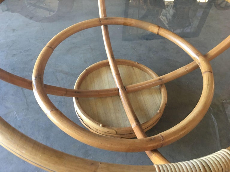 Restored Four Pole Rattan Coffee Table with Floating Glass Top