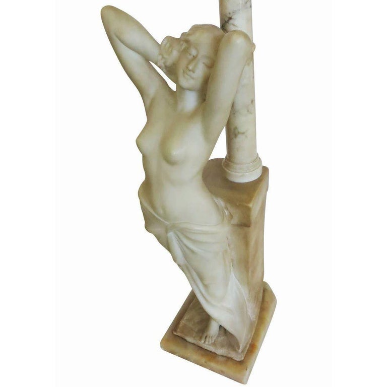 Edwardian Era Italian Carved Alabaster Nude Greco-Roman Female Figural Lamp