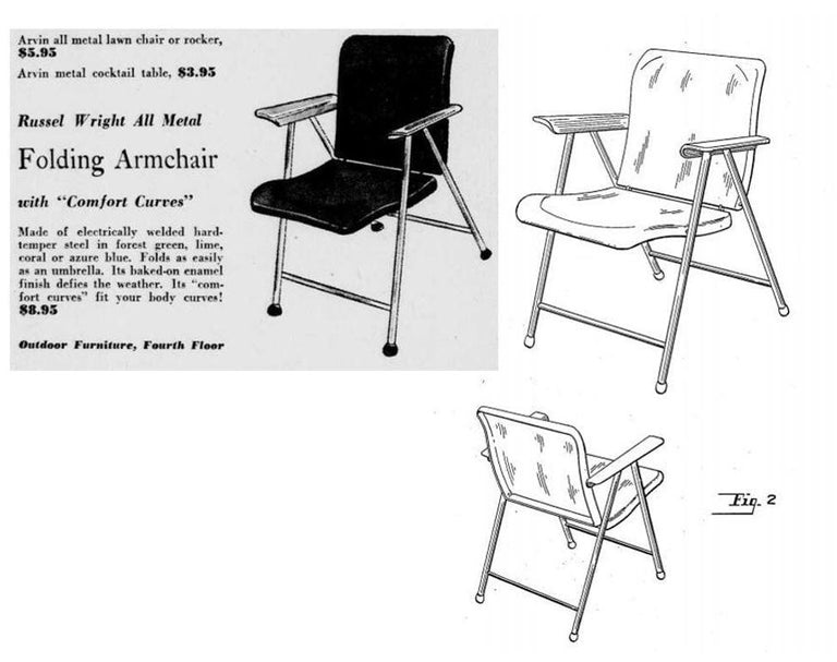 Russel Wright Outdoor/Patio Steel Folding Chair by Schwayder Bros, 5 Available