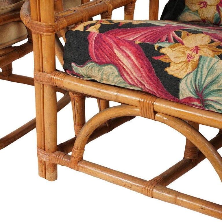 Rare MCM Stepped Rattan Sofa Chair Ottoman Livingroom Set w/ Built in End tables