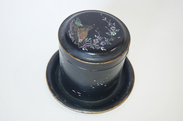Vintage Post War Japanese Black Aboloni Round Tea Caddie Canister