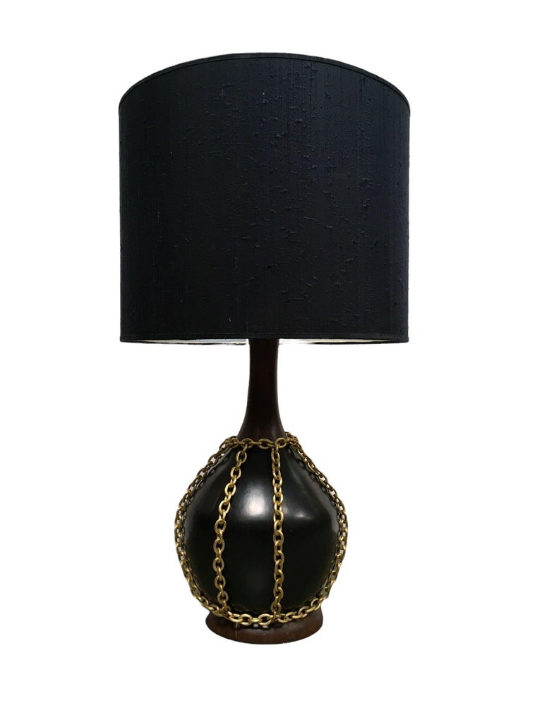 Large Midcentury Pottery Gold Tone Chain Lamps with Shade