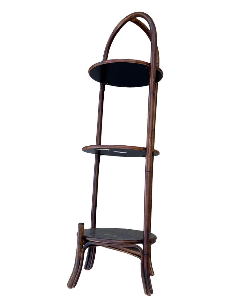 Costal Three Tiered Dark Stained Rattan Shelf w East Asian Motif Tops