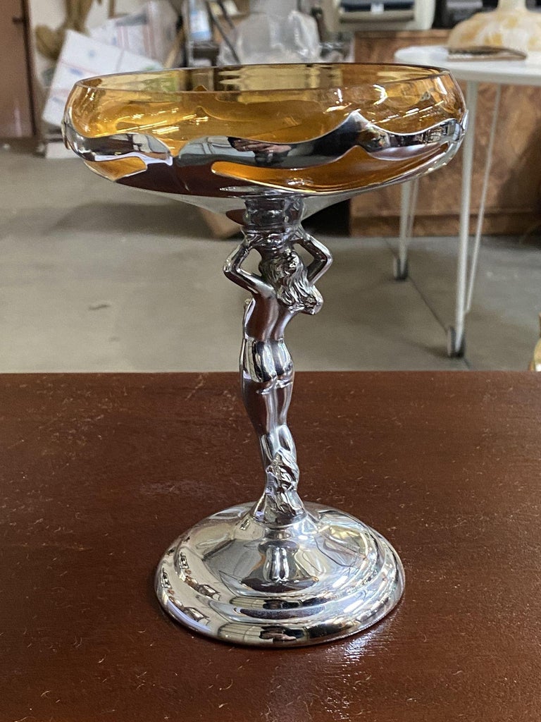 Chrome Farberware Nude Women Art Deco Compote w/ Amber Glass Cup