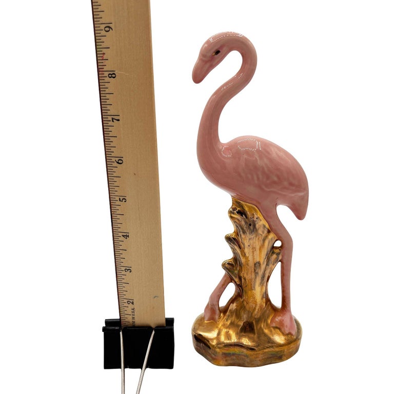 Mid-century Ceramic Fancy Bird Pink & Gold Flamingo Tabletop Statue