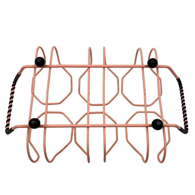 Mid-Century Pink Wire Frame Drinks Tray w/ Six Highball Flamingo Glasses