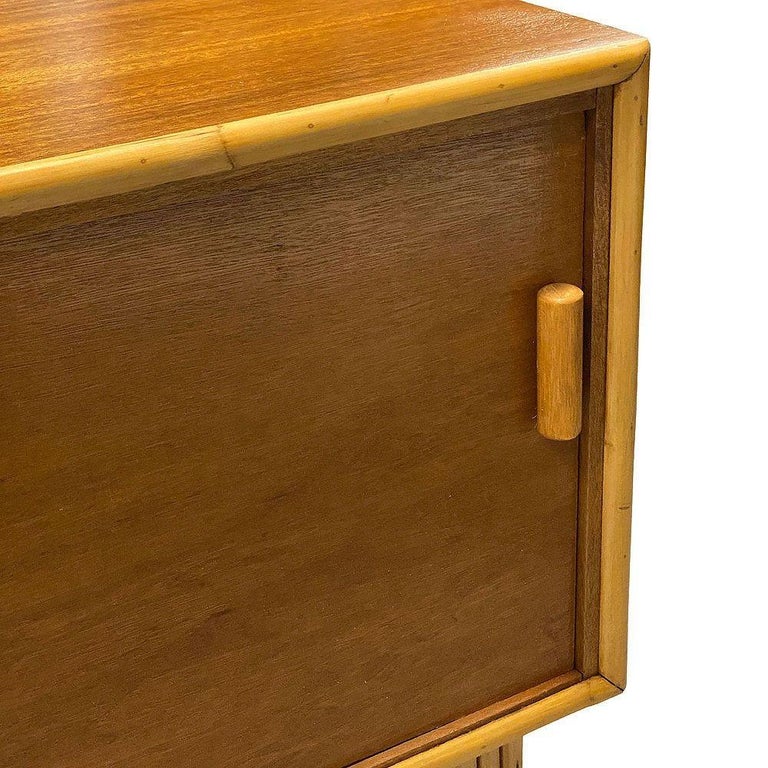 Restored Frankl Style Rattan & Mahogany Credenza TV Stand W/ Stacked Rattan Base