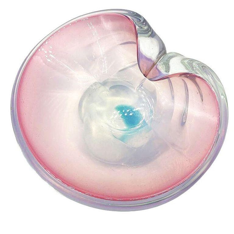 Mid-Century Murano Peacock Art Glass Pedestal Ashtray w/ Pink Pastel Swirl