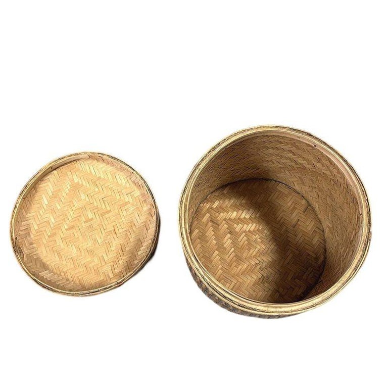 Tall Traditional Thai Hand Woven Wicker Rice Storage Basket w/ Lid