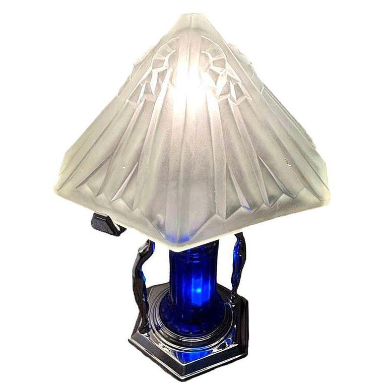Frankart Era Art Deco Style Chrome & Cobalt Figural Lamp w/ Vivian Glass Shade