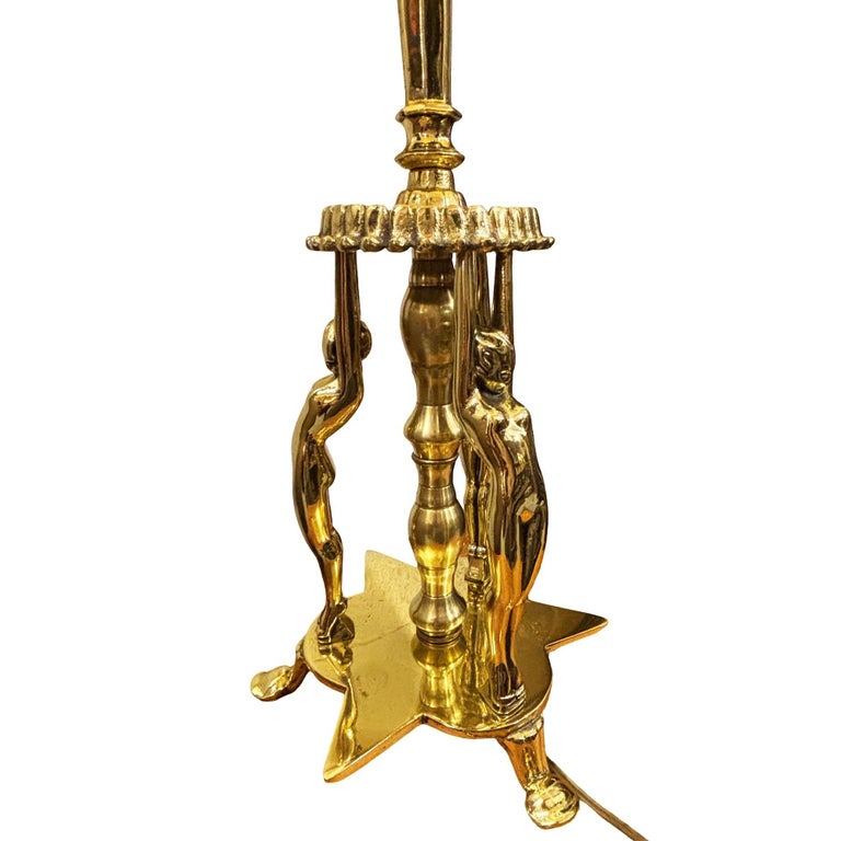 1920 Brass Figural Nude Art Deco Flapper Table Lamp by Frankart w/ Shade