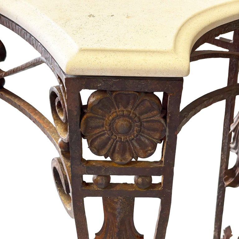 20th Century Neo-Gothic Bronze Colored Cast Iron Console w/ Carrara Marble Top