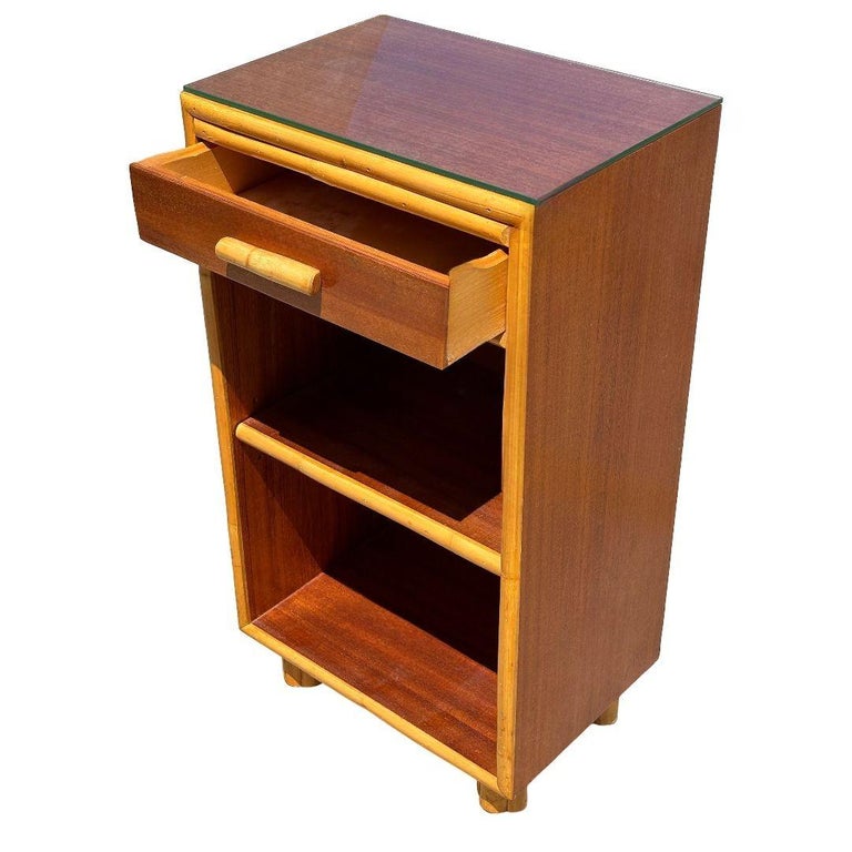 Restored Rattan and Mahogany Lowboy Dresser and Nightstand Set