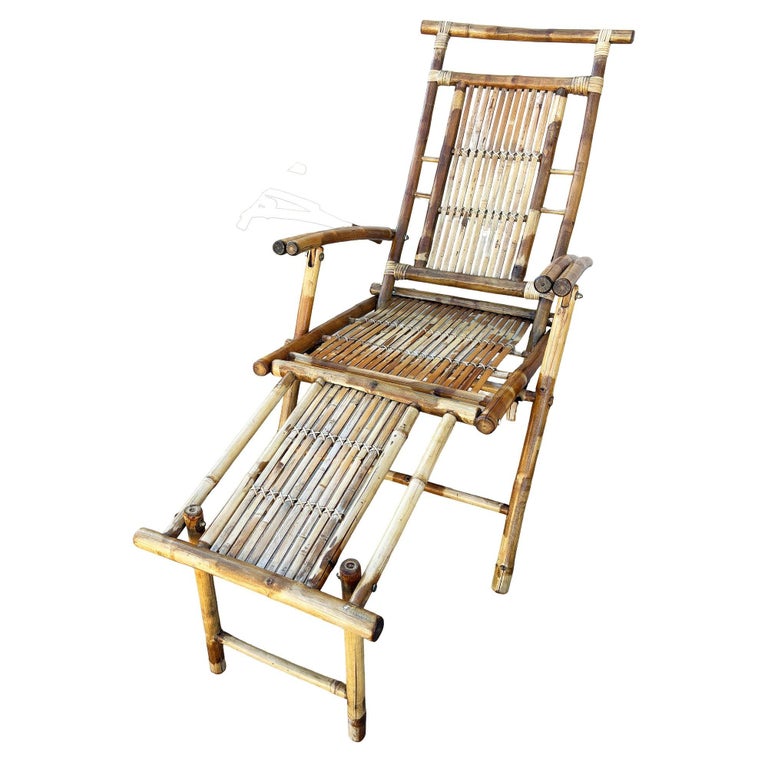 Restored Aesthetic Movement Tiger Bamboo Garden/Patio Fold Lounge Recliner, Pair