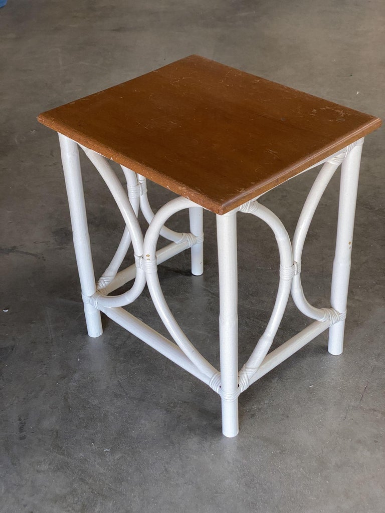 Mid-Century Set of 3 Whited Rattan Nesting Side Tables w/ Mahogany Top