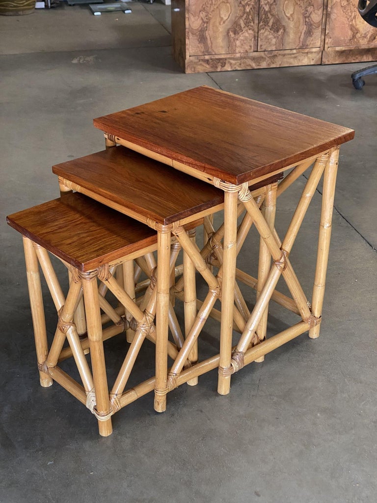 Restored Set of 3 Rattan Nesting X Side Tables with Mahogany Top