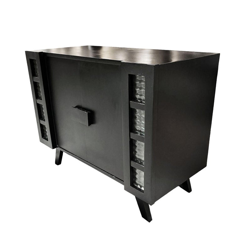 Mid Century James Mont Styled Black Lacquered & Glass Bar Cabinet & TV Stand