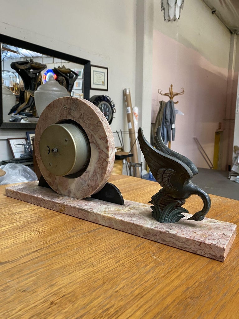 French Art Deco UCRA Bronze Swan Marble Mantle Garniture Clock Set by Marefbay