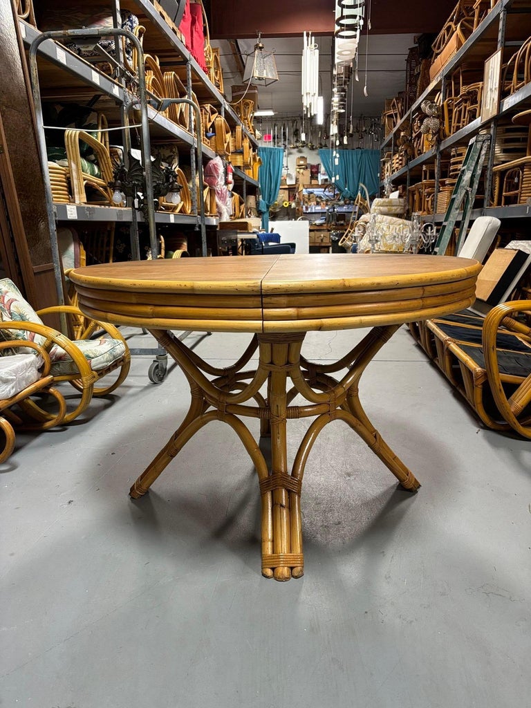Restored Round Rattan & Mahogany Dining Table W/ Leaf