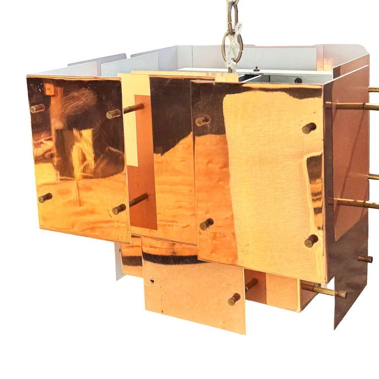 MCM Floating Panel "Cityscape" Brutalist Copper Chandelier By Robert Sonneman