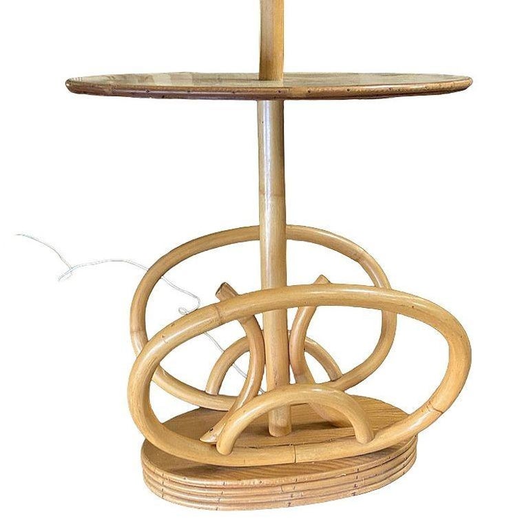 Restored Rare Mid Century Rattan Pole Floor Lamp & Drink Stand w Magazine Holder