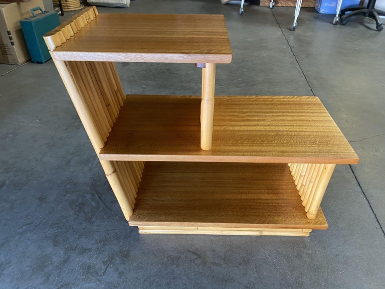Restored Mid-Century Vertically Stacked Geometric Rattan Side Table, Mahogany