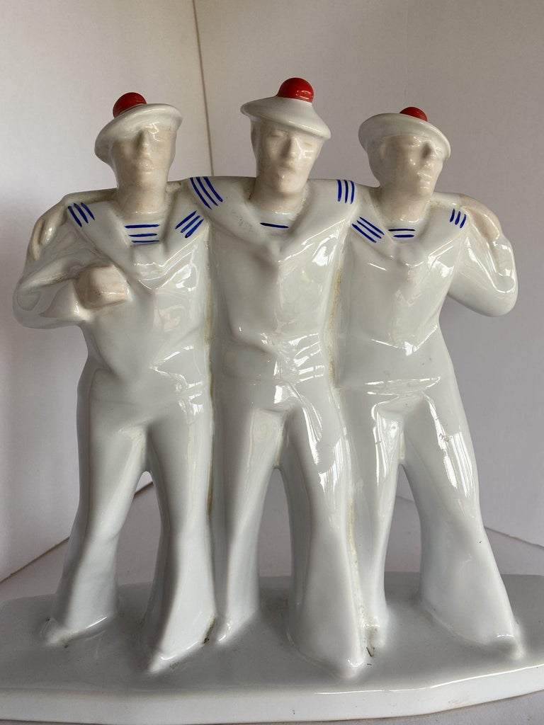 Art Deco Sailors on Leave Earthenware Ceramic Sculpture by Edouard Cazea