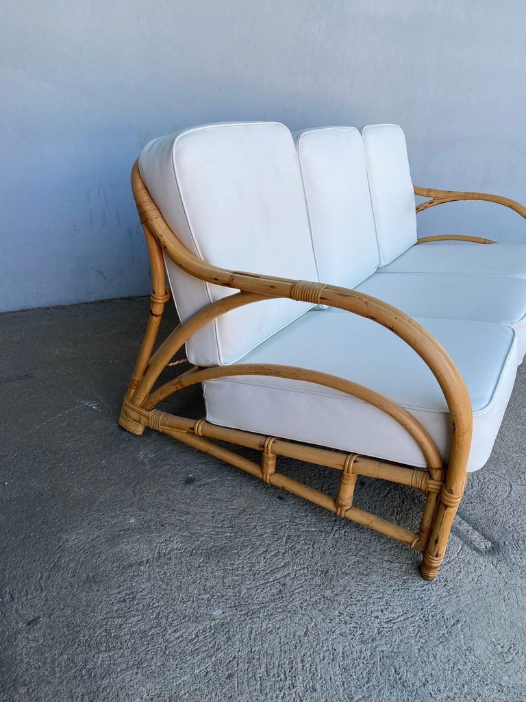 Rare Restored "1940s Transition" Rattan Sofa and Lounge Chair Living Room Set