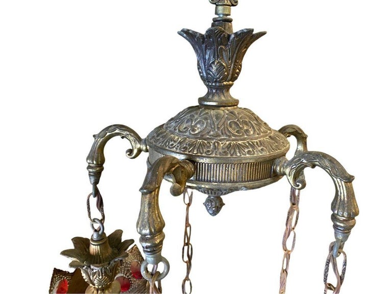 Hollywood Regency Jewel Prisms Filigree 5 Light Hanging Chandelier, Circa 1950