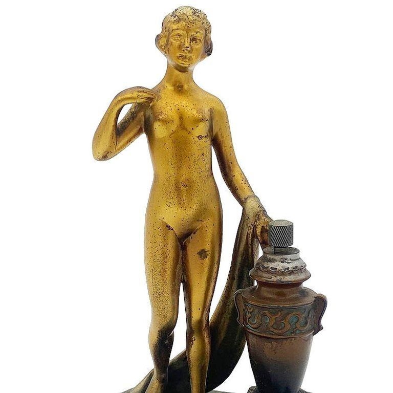 Art Deco Spelter Metal Nude Flapper Goddess Desktop Torch Tip Table Lighter