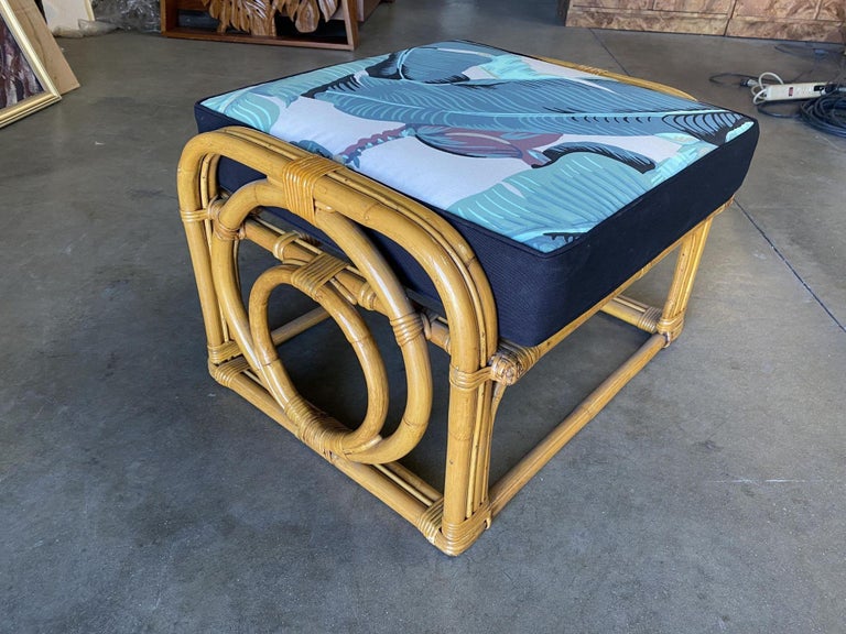 Restored 3-Strand "Circles and Speed" Rattan Settee, Lounge Chair & Ottoman