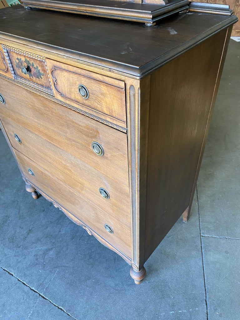 Antique Walnut Highboy Dresser w/ Vanity Table Mirror by Berkey & Gay Furniture