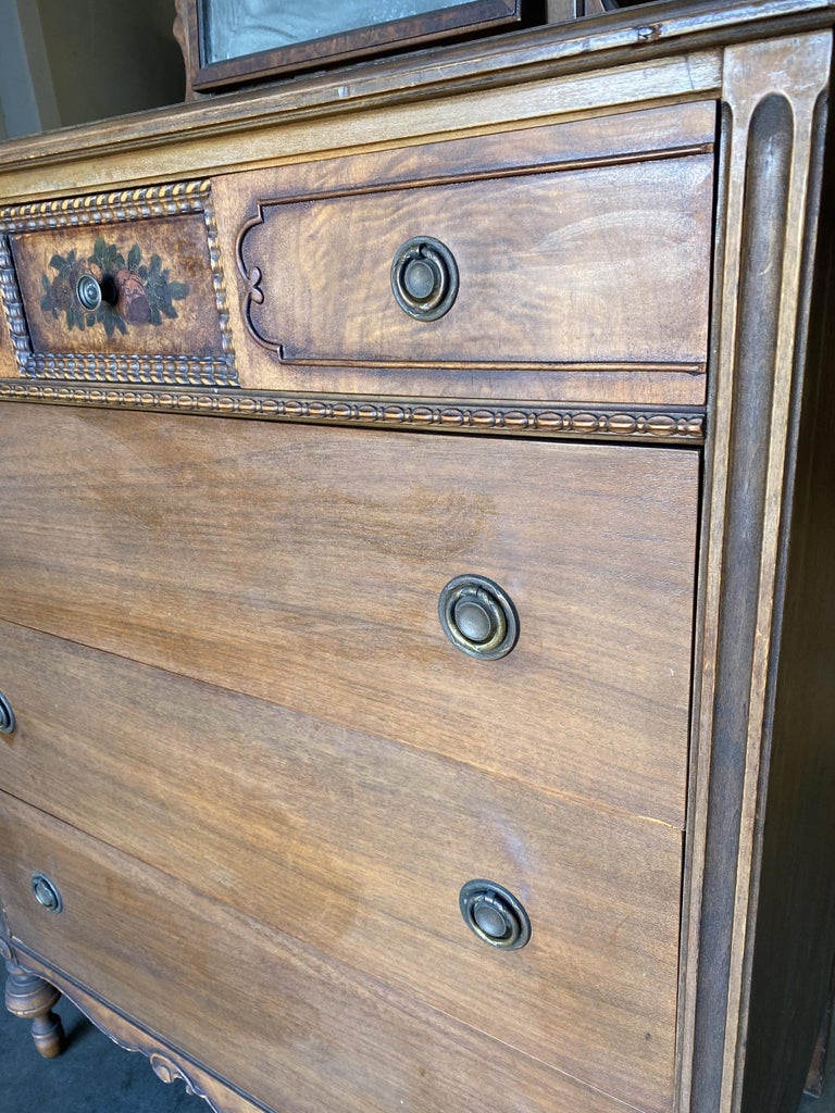 Antique Walnut Highboy Dresser w/ Vanity Table Mirror by Berkey & Gay Furniture