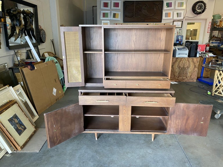Midcentury Cupboard China Cabinet Shelf with Wicker Accents by Holman