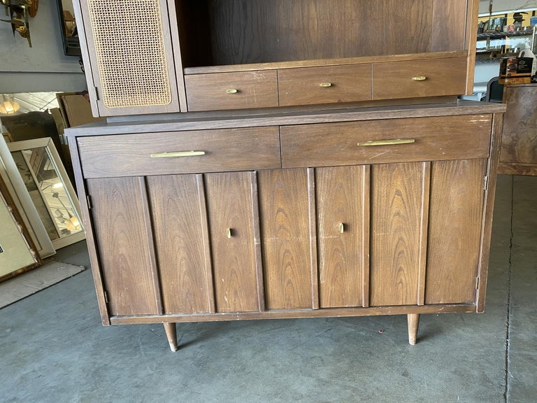 Midcentury Cupboard China Cabinet Shelf with Wicker Accents by Holman