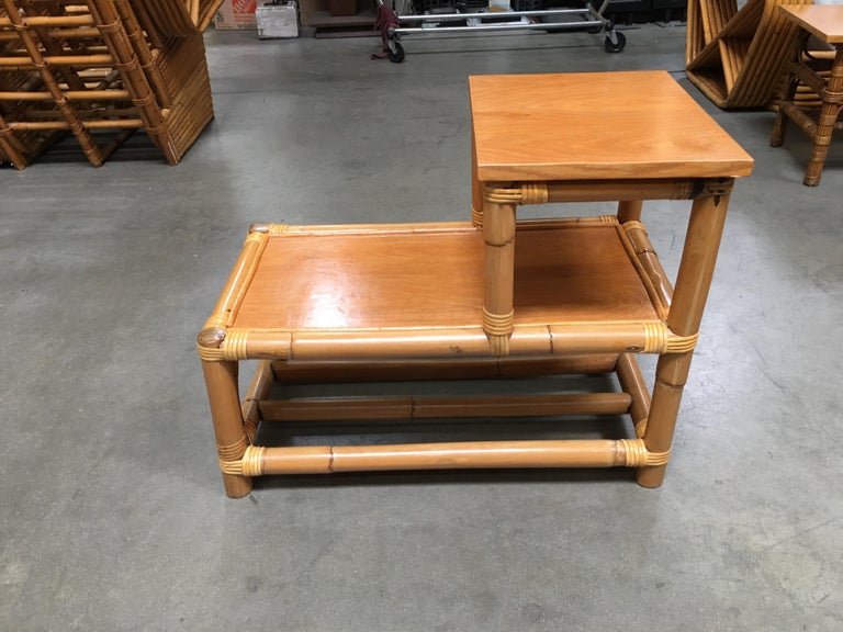 Restored Stick Leg Rattan Side Table with Two-Tier Wood Tops