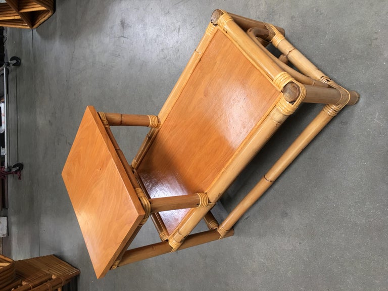 Restored Stick Leg Rattan Side Table with Two-Tier Wood Tops