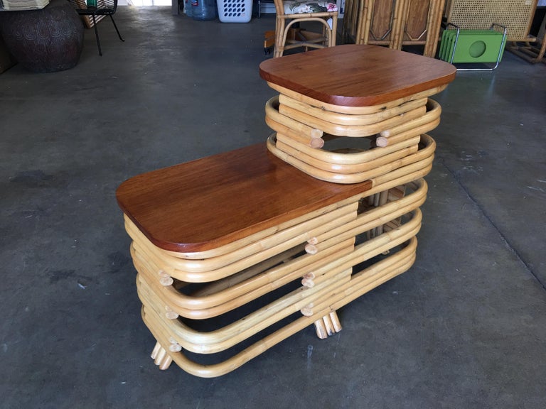Pair Art Deco Stacked Rattan Side Table with Legs