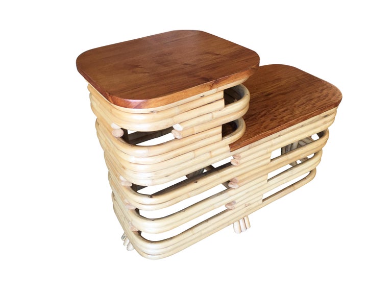 Pair Art Deco Stacked Rattan Side Table with Legs