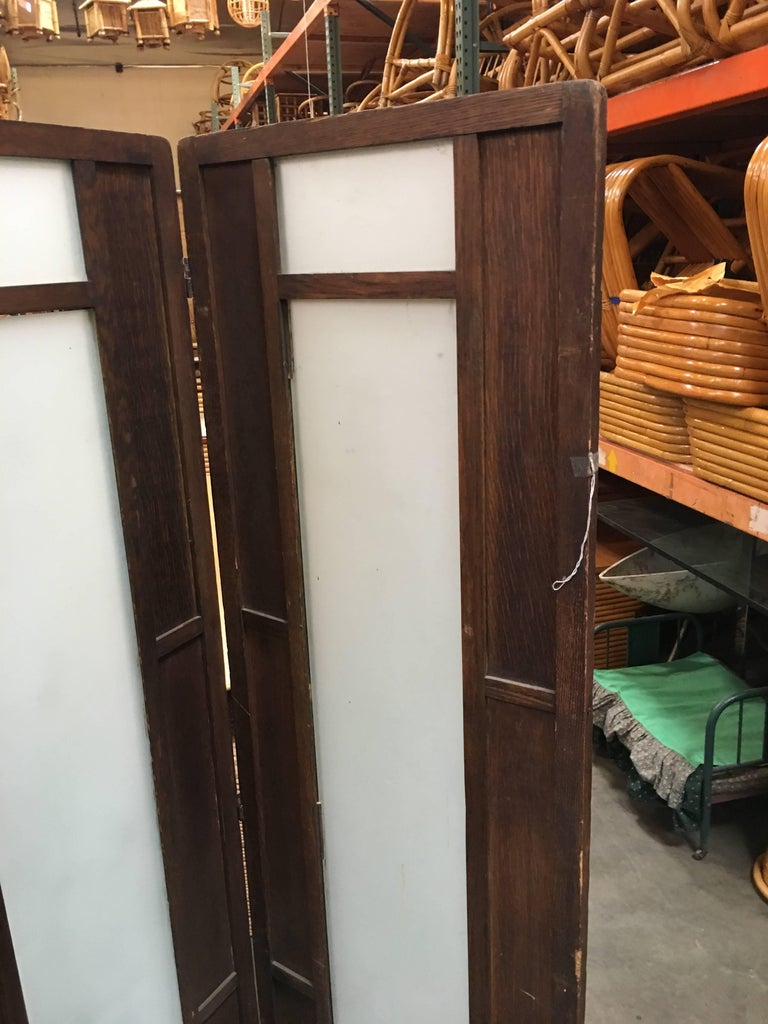 Art Deco Frosted Glass and Oak Slat Folding Screen Room Divider