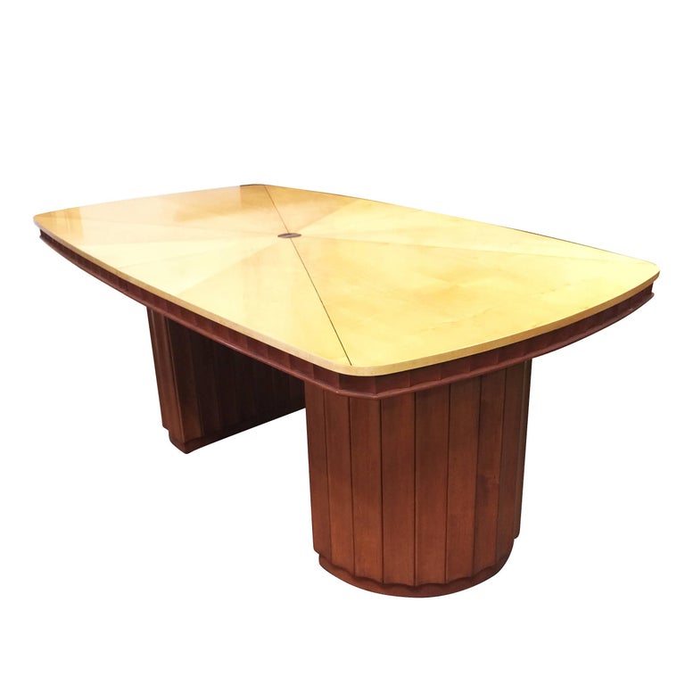 Eliel Saarinen Style Dining Table with Sculpted Bases and Inlay Top