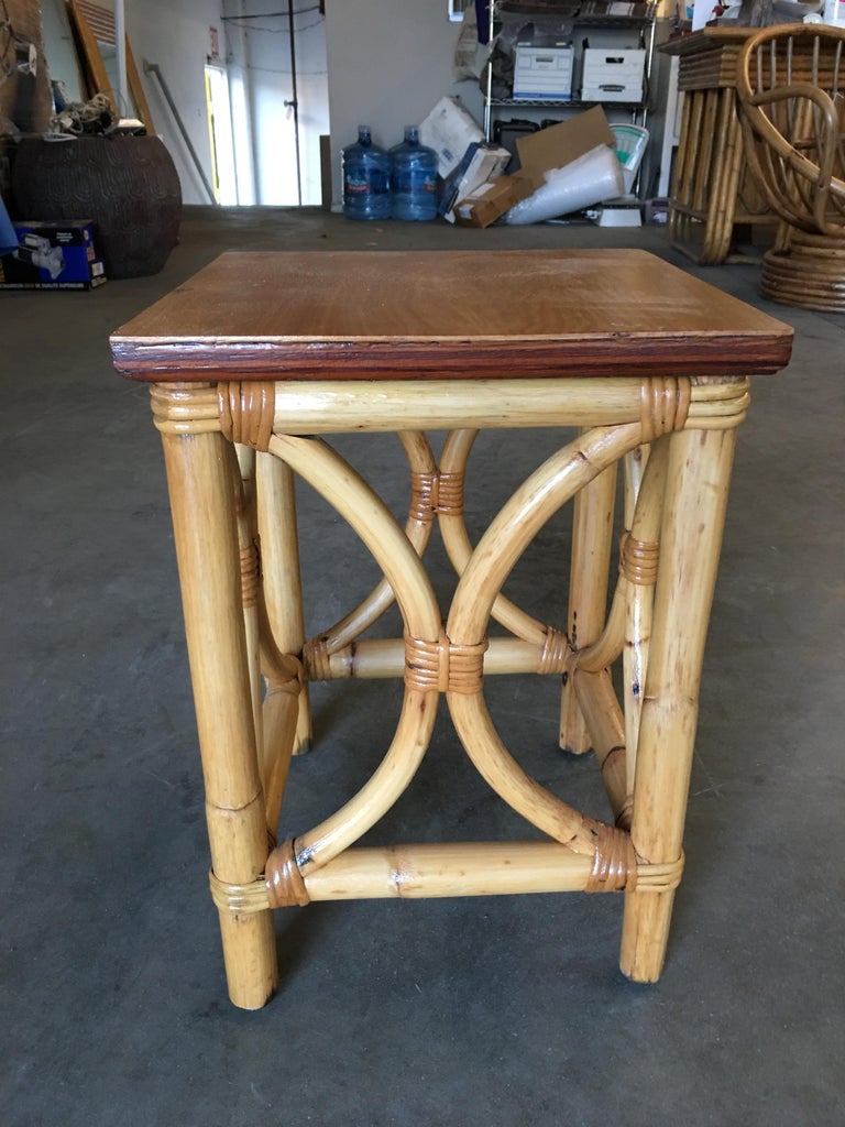 Restored Pre-WWII Rattan "Twin Arch" Side Table with Solid Mahogany Top