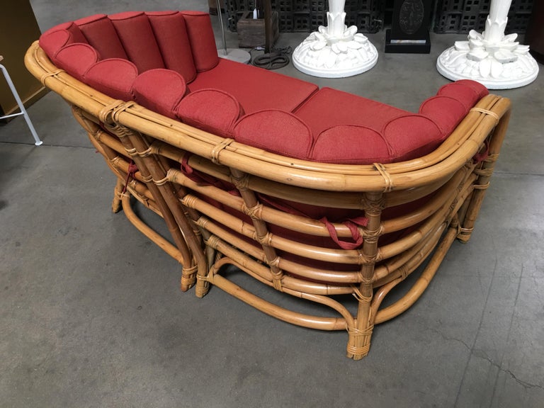 Restored Art Deco Rattan Shell Back Rattan Sectional Loveseat Sofa