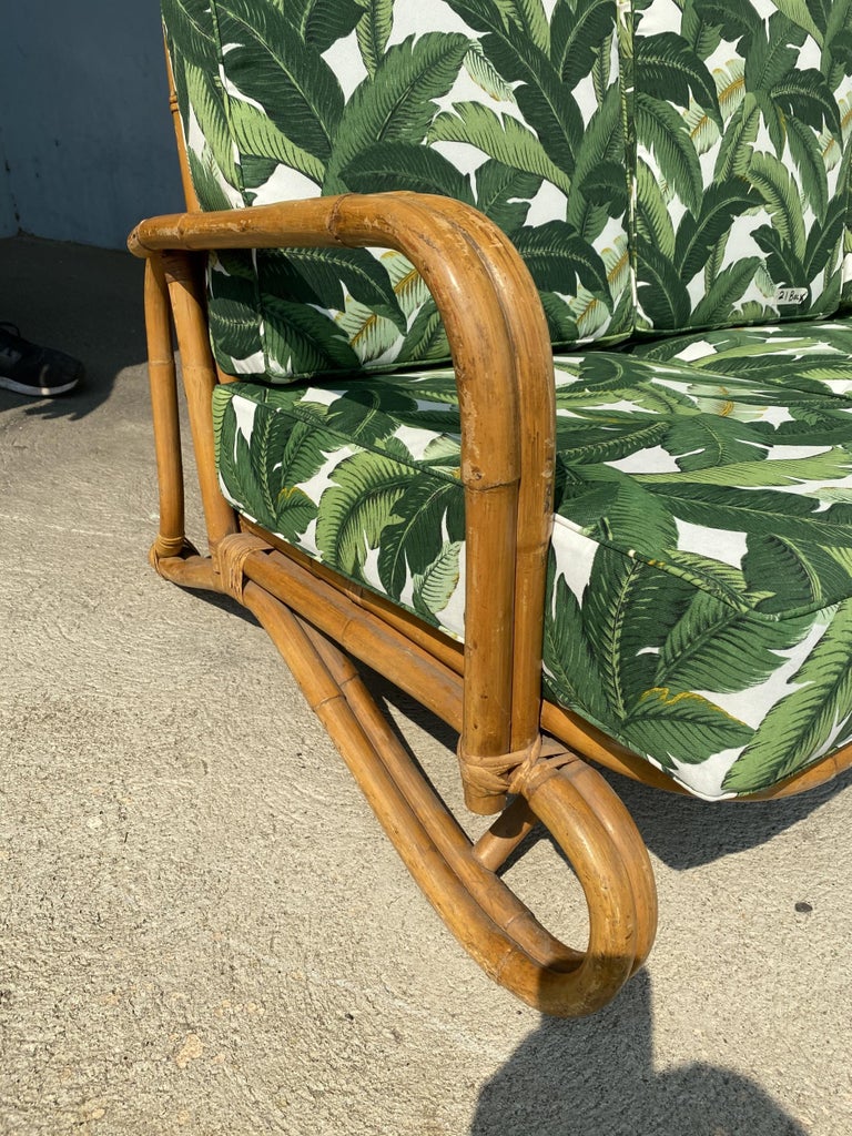 Restored "Hairpin" Leg Rattan 2-Strand 3-Seat Sofa with Bent Pole Arms