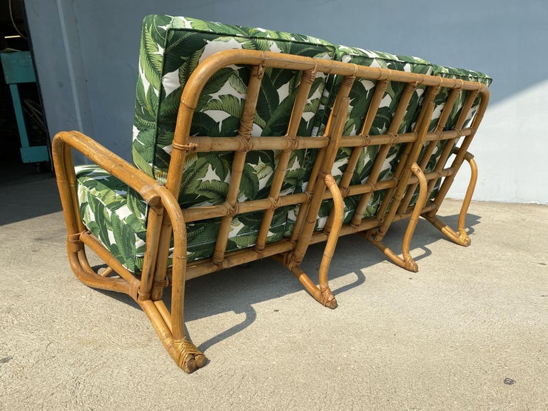 Restored "Hairpin" Leg Rattan 2-Strand 3-Seat Sofa with Bent Pole Arms