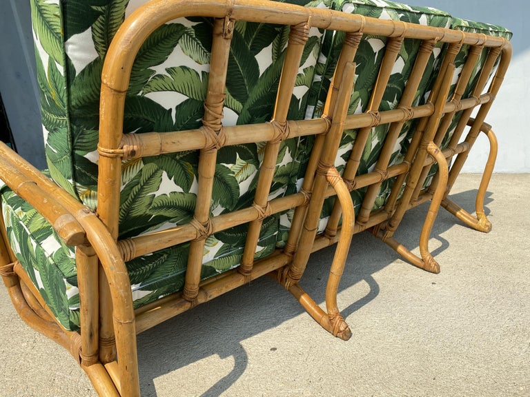 Restored "Hairpin" Leg Rattan 2-Strand 3-Seat Sofa with Bent Pole Arms