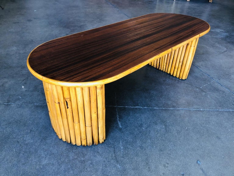 Restored Vertically Stacked Rattan Coffee Table with Mahogany Top