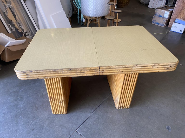 Restored Six-Person Rattan and Formica Dining Table with Vertically Stacked Base