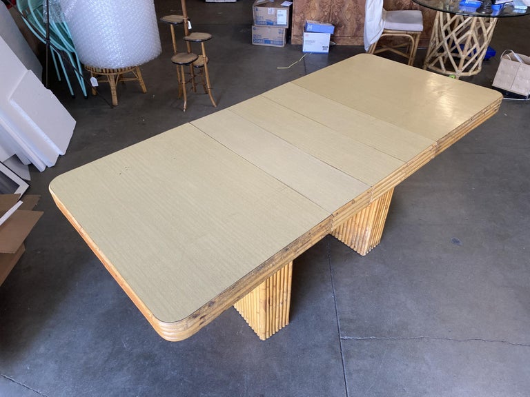 Restored Six-Person Rattan and Formica Dining Table with Vertically Stacked Base
